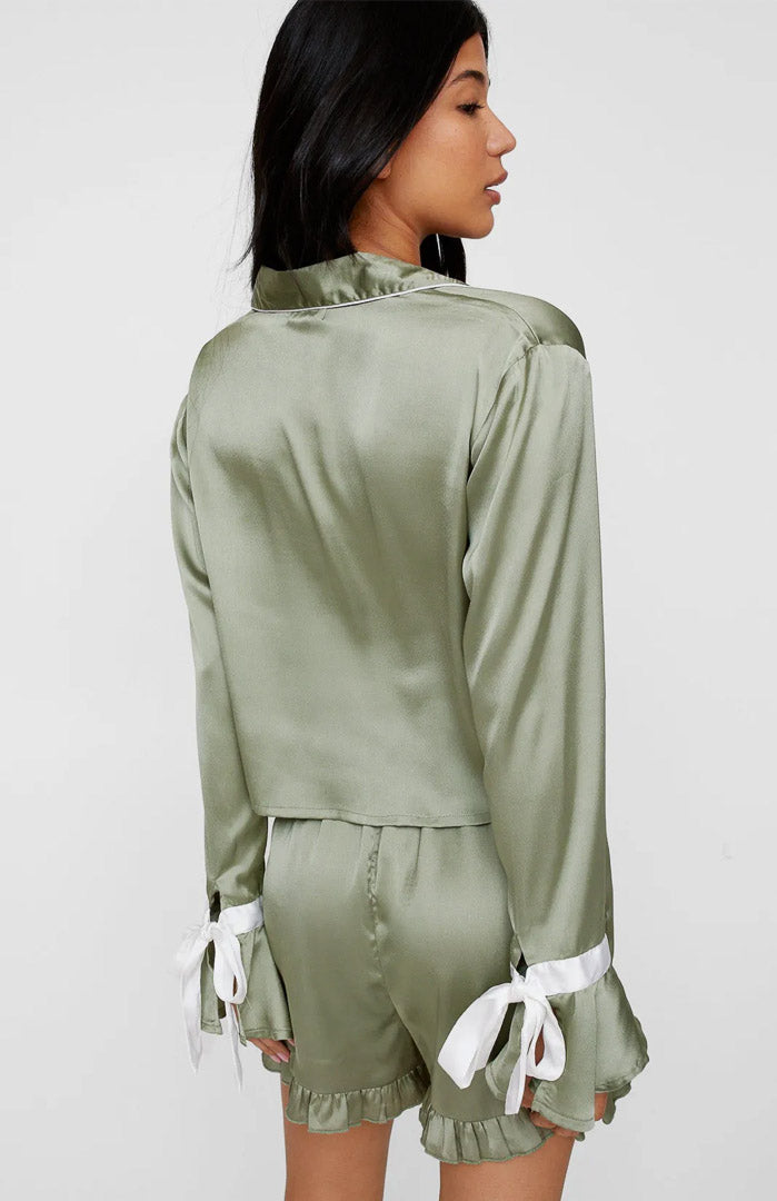 Green Bella Bow Satin Set | Shirt and Shorts