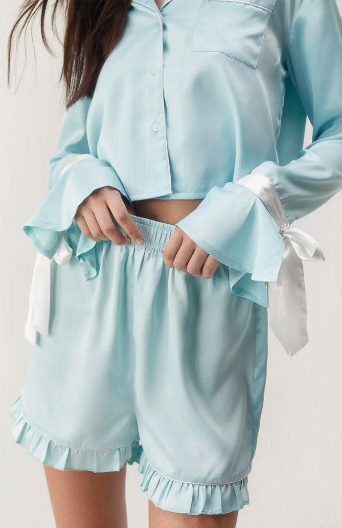 Blue Bella Bow Satin Set | Shirt and Shorts