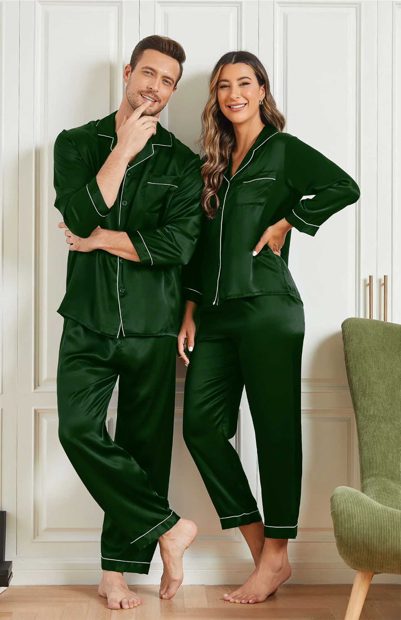 Enchanting Embrace Green Satin Loungewear Set For Couples