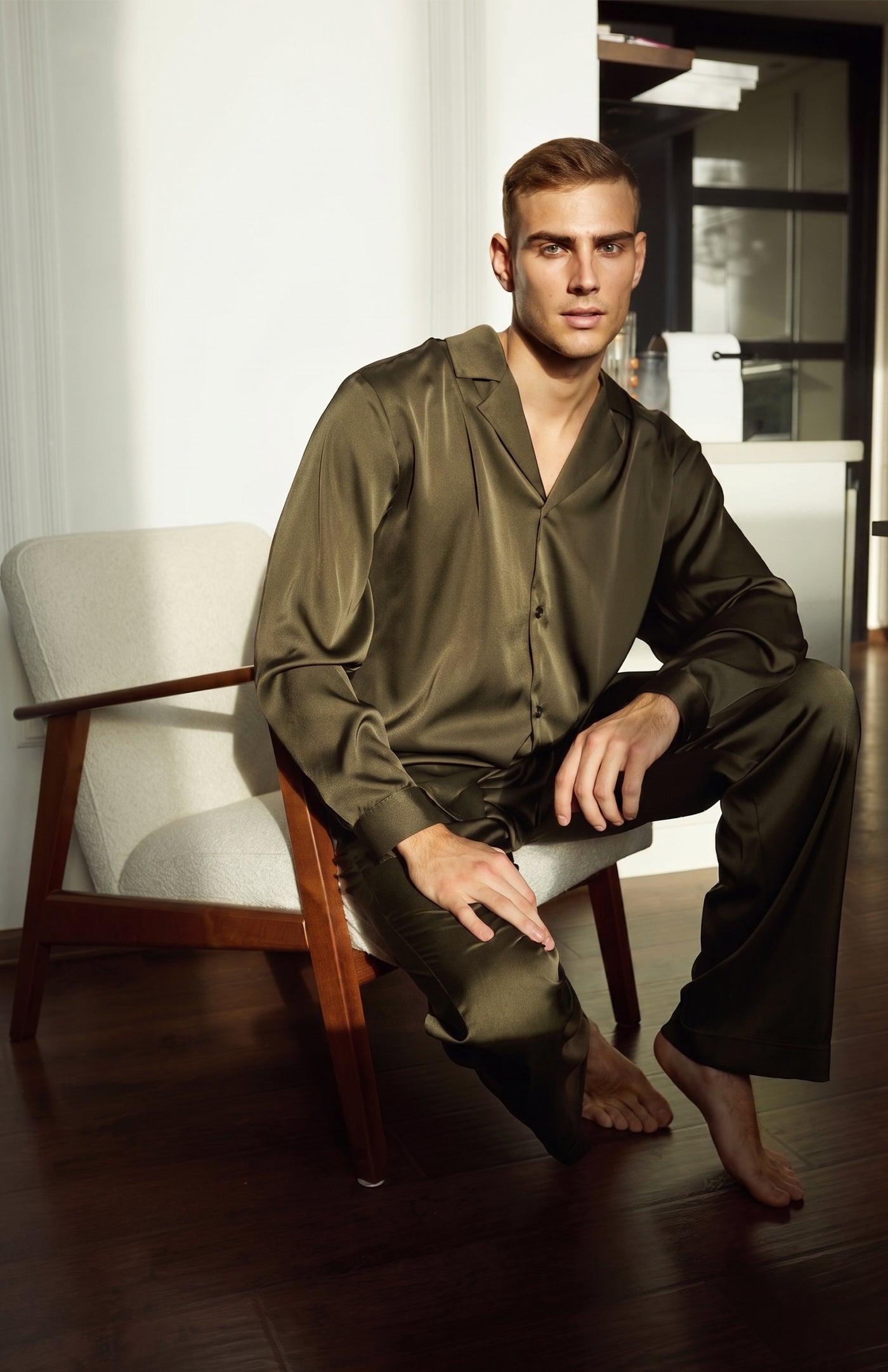 Olive Overlord | Men’s Ultra-Luxury Olive Green Satin Loungewear Set