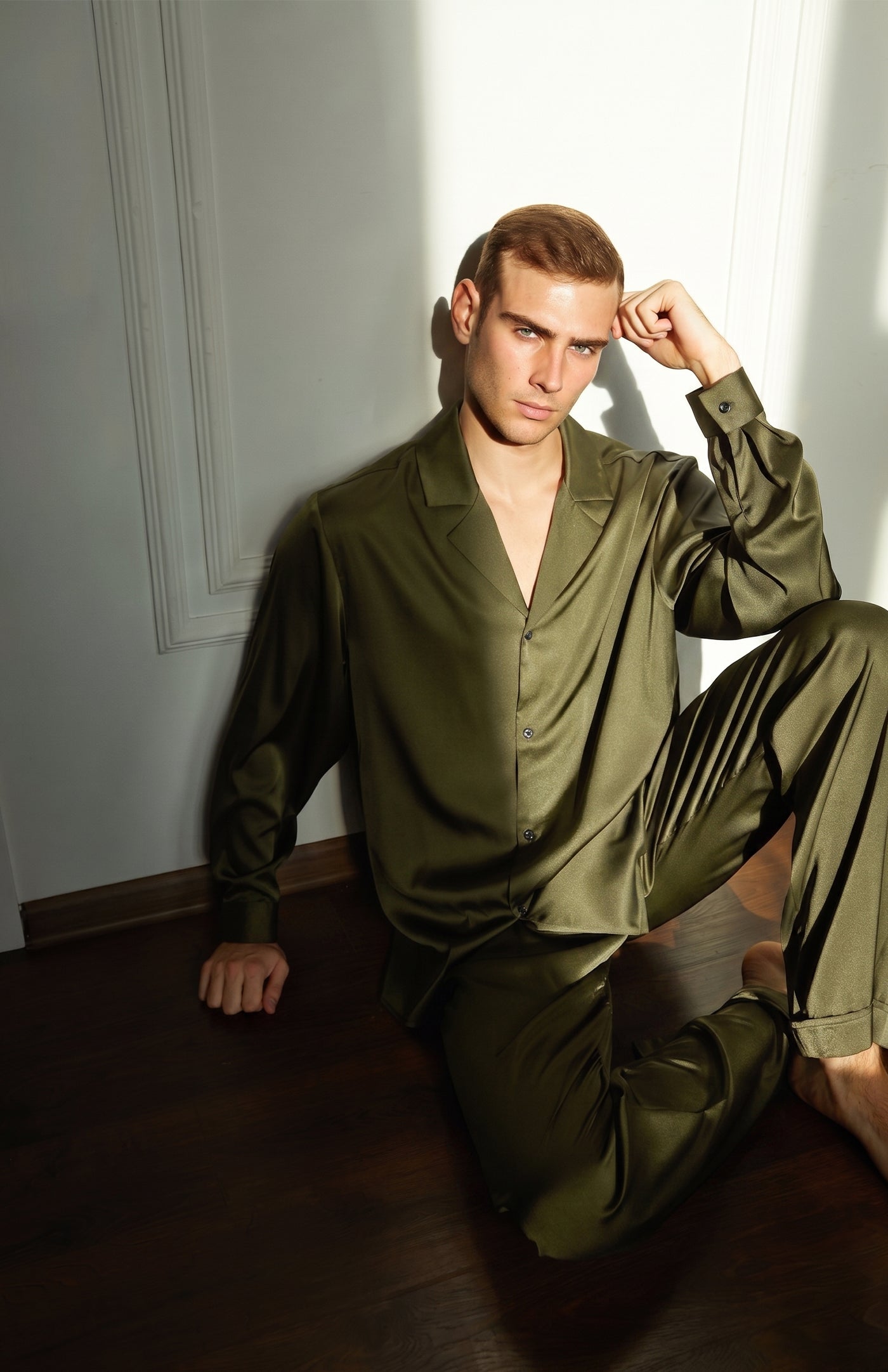 Olive Overlord | Men’s Ultra-Luxury Olive Green Satin Loungewear Set