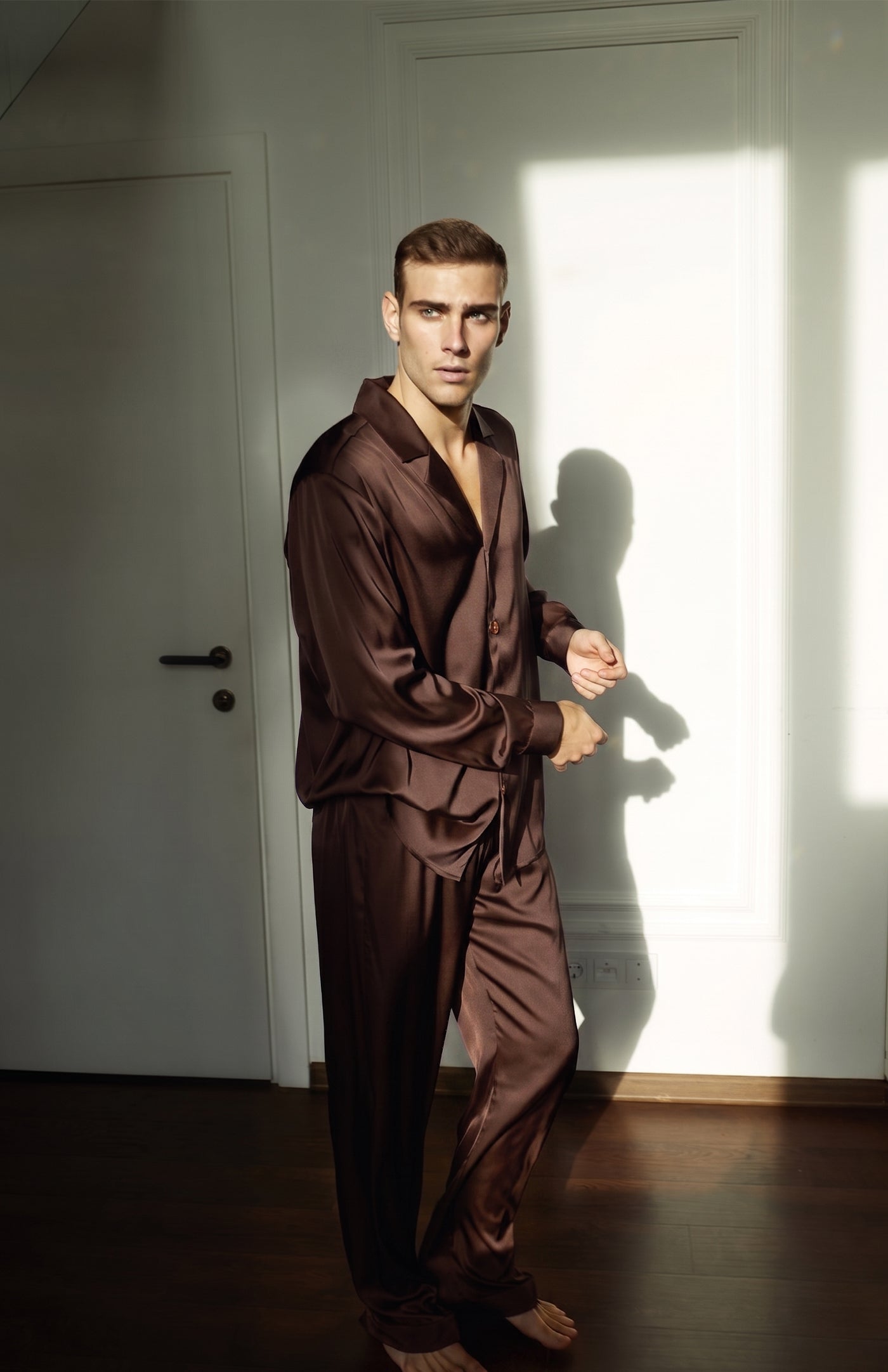 Bronze Dynasty | Men’s Ultra-Luxury Espresso Brown Satin Loungewear Set