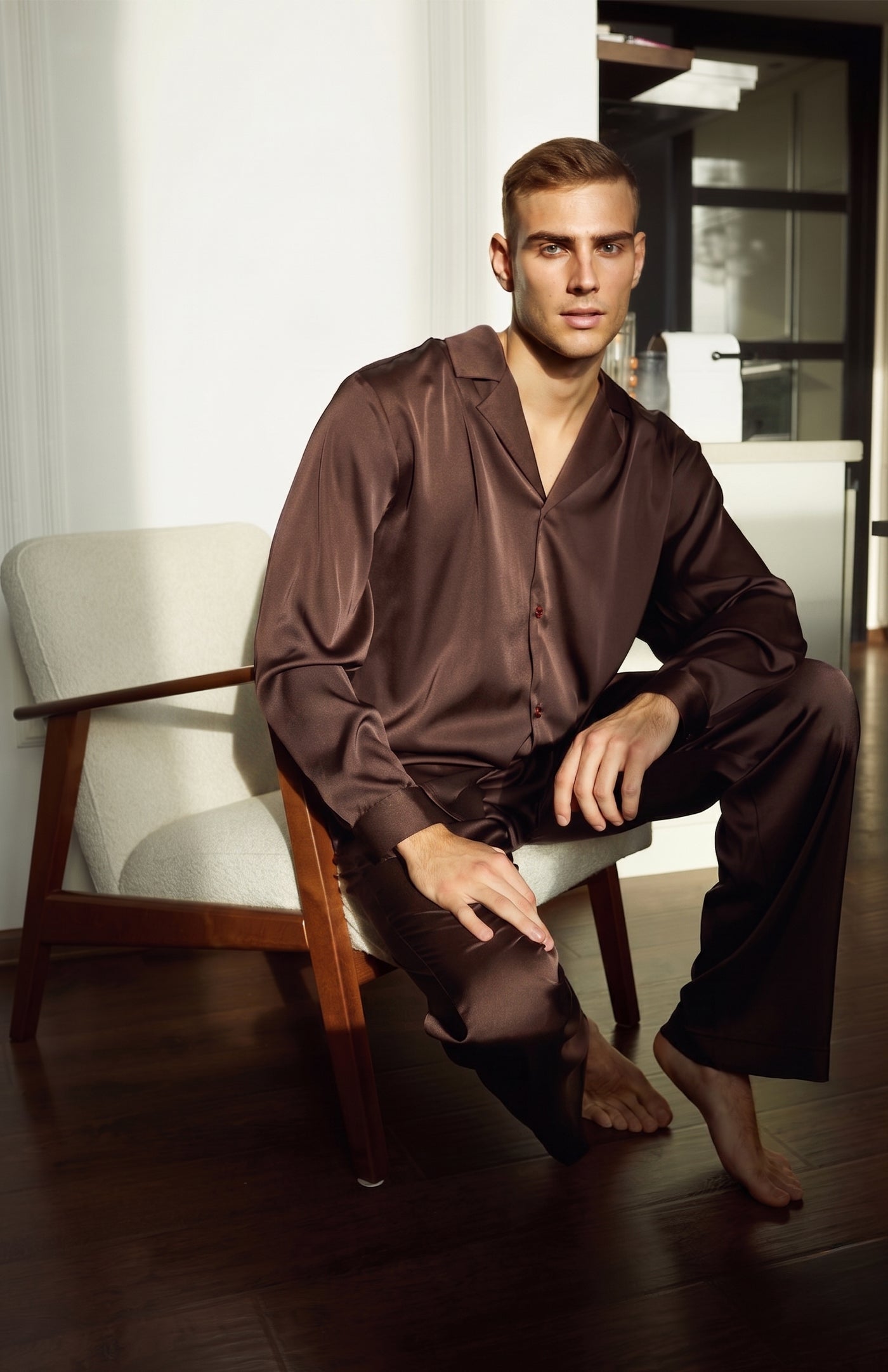 Bronze Dynasty | Men’s Ultra-Luxury Espresso Brown Satin Loungewear Set