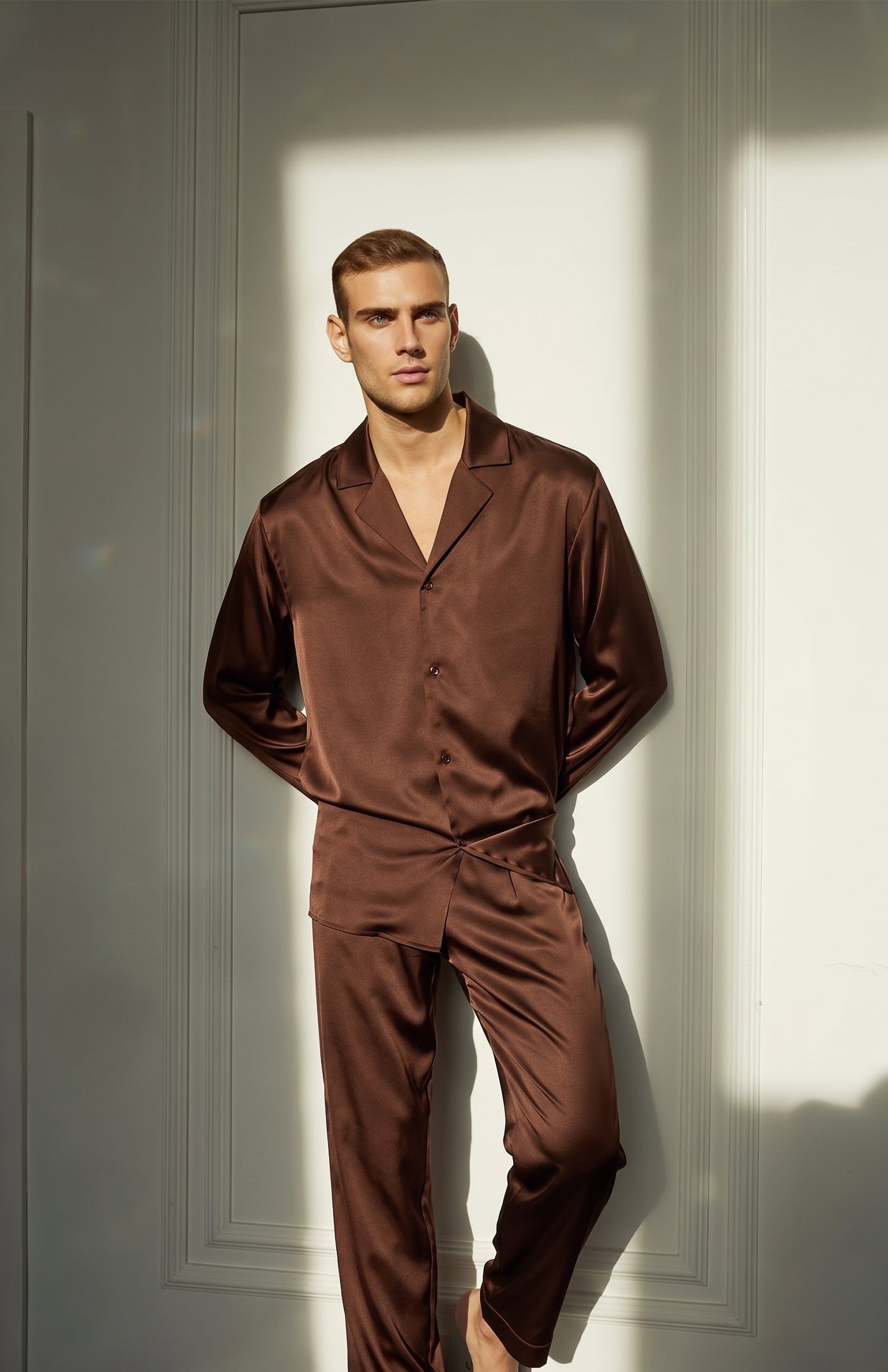 Bronze Dynasty | Men’s Ultra-Luxury Espresso Brown Satin Loungewear Set