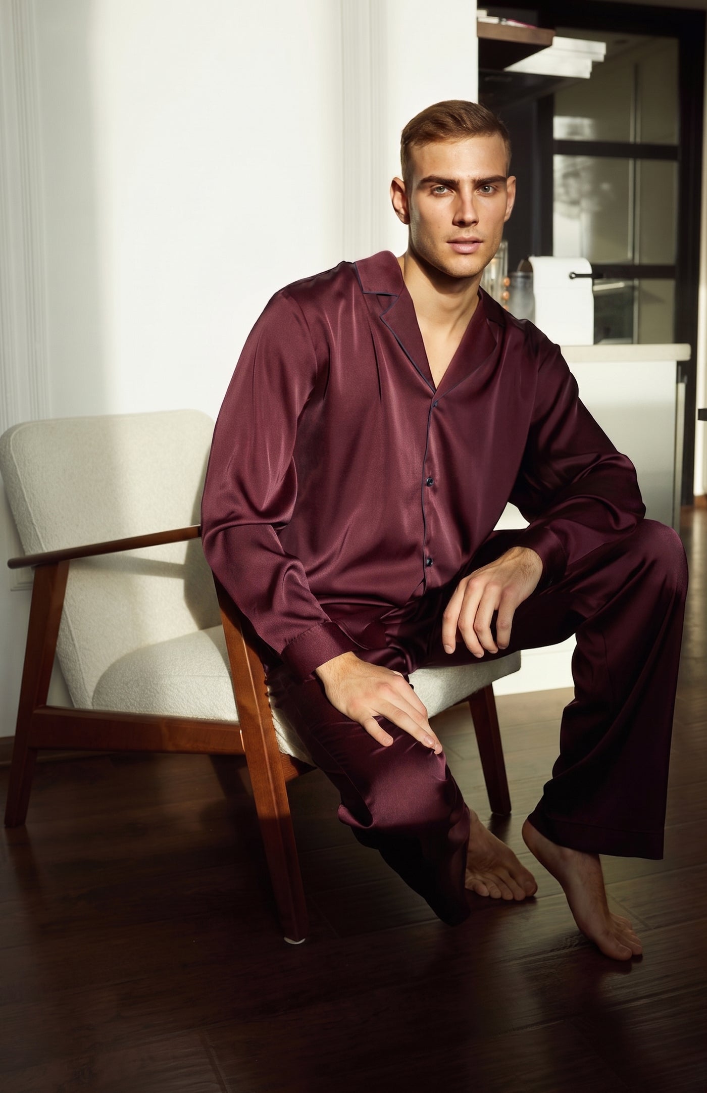 Crimson Dynasty | Men’s Luxury Wine Red Satin Loungewear Set