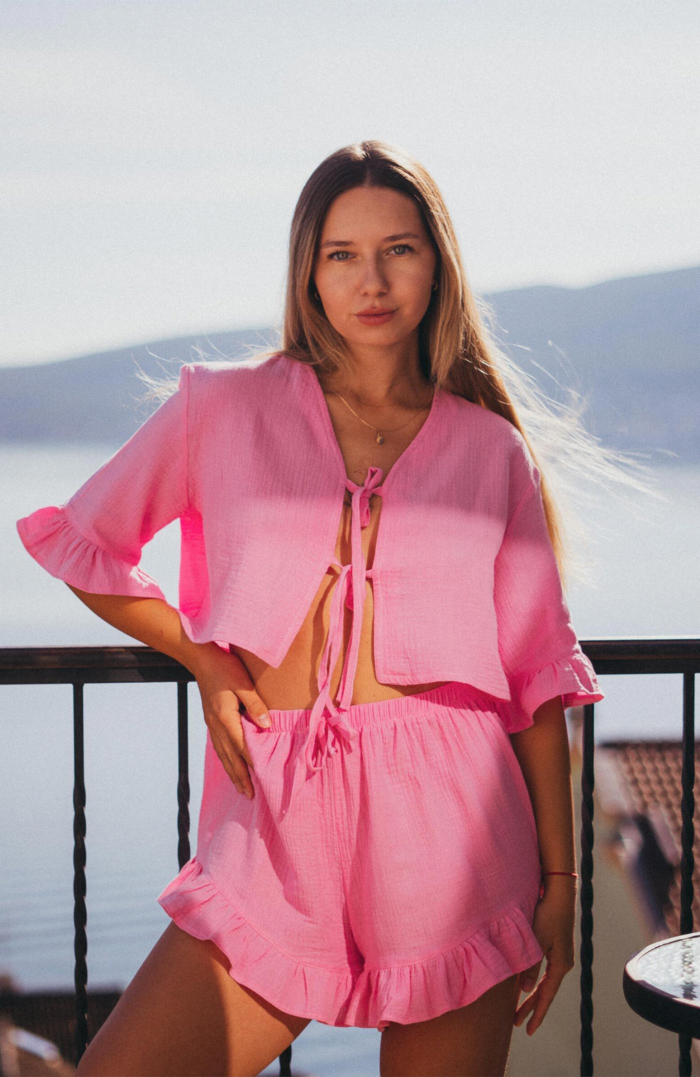 Rosé Reverie | 100% Cotton Muslin Pink Ruffle Co-ord Set for Women