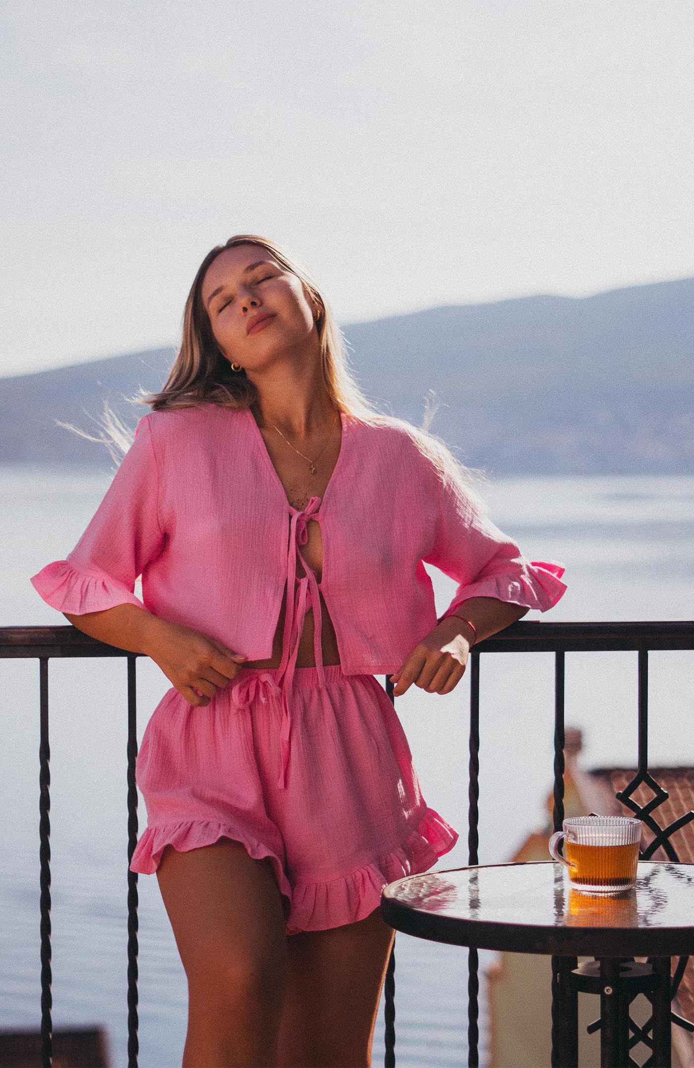 Rosé Reverie | 100% Cotton Muslin Pink Ruffle Co-ord Set for Women