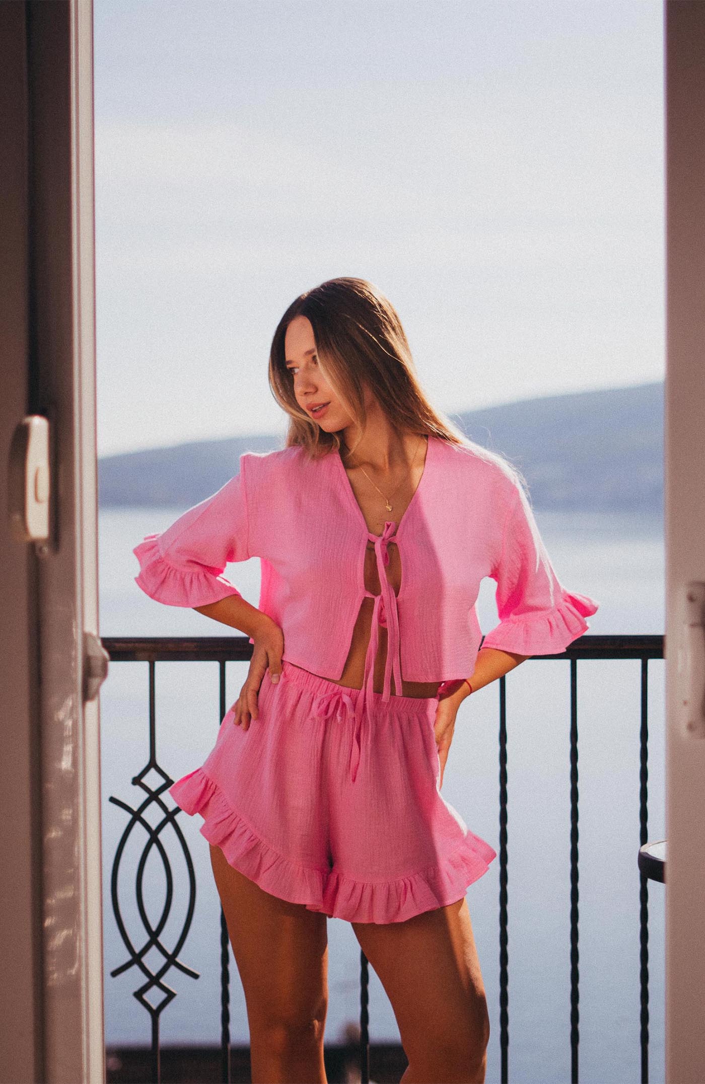 Rosé Reverie | 100% Cotton Muslin Pink Ruffle Co-ord Set for Women