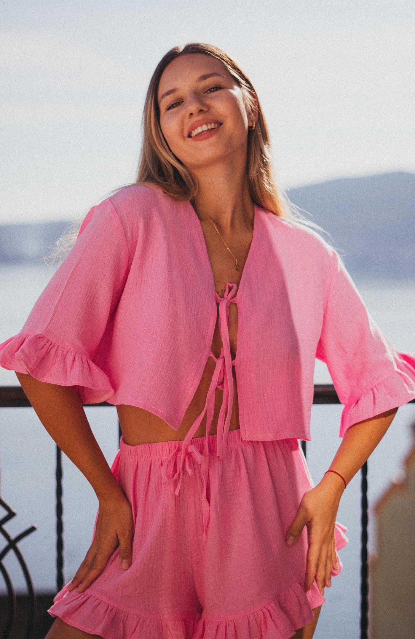 Rosé Reverie | 100% Cotton Muslin Pink Ruffle Co-ord Set for Women