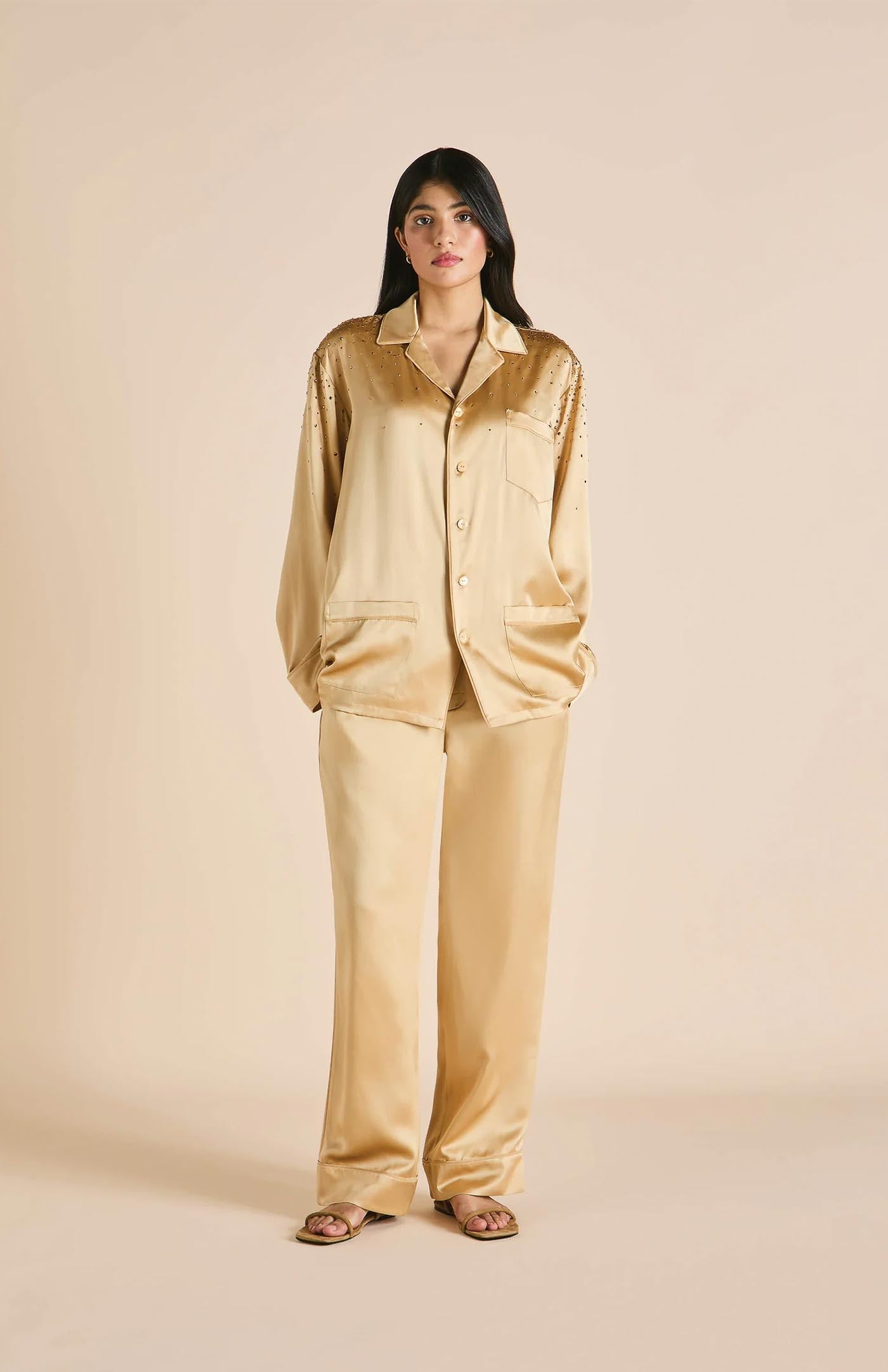Crystals & Gold | Gold Satin Loungewear Set with Crystals