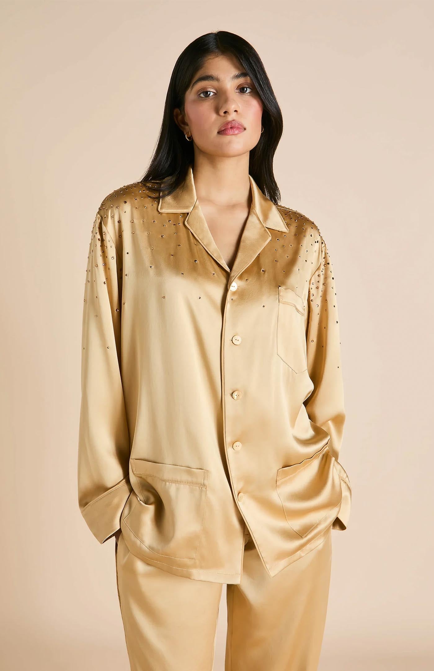 Crystals & Gold | Gold Satin Loungewear Set with Crystals