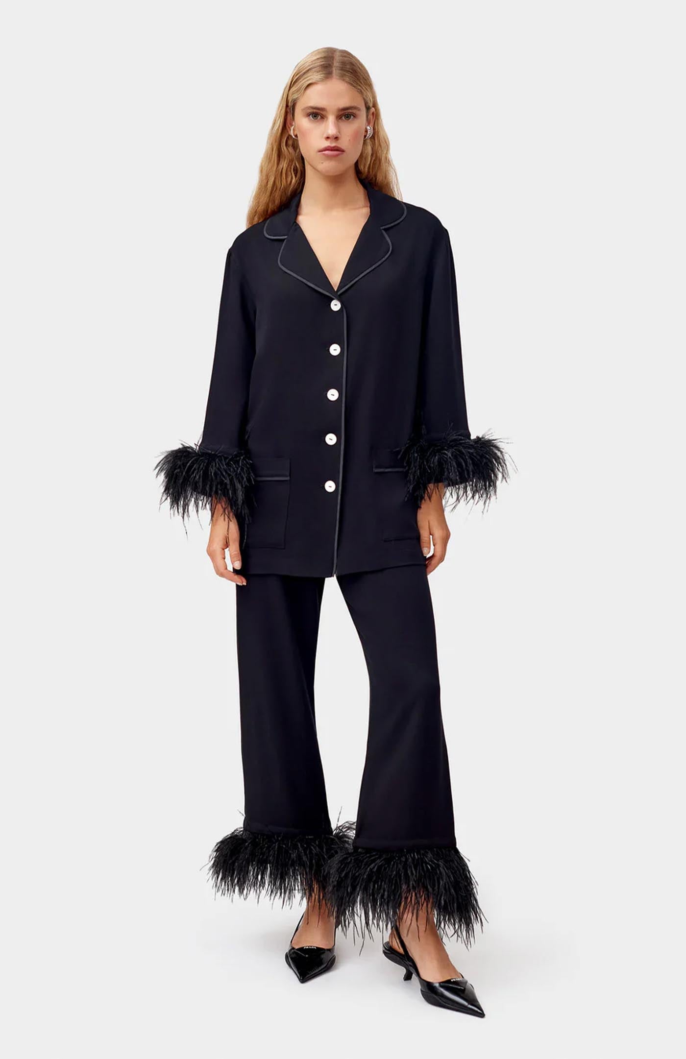 Blackout Bliss | Black Feather Satin Loungewear Set