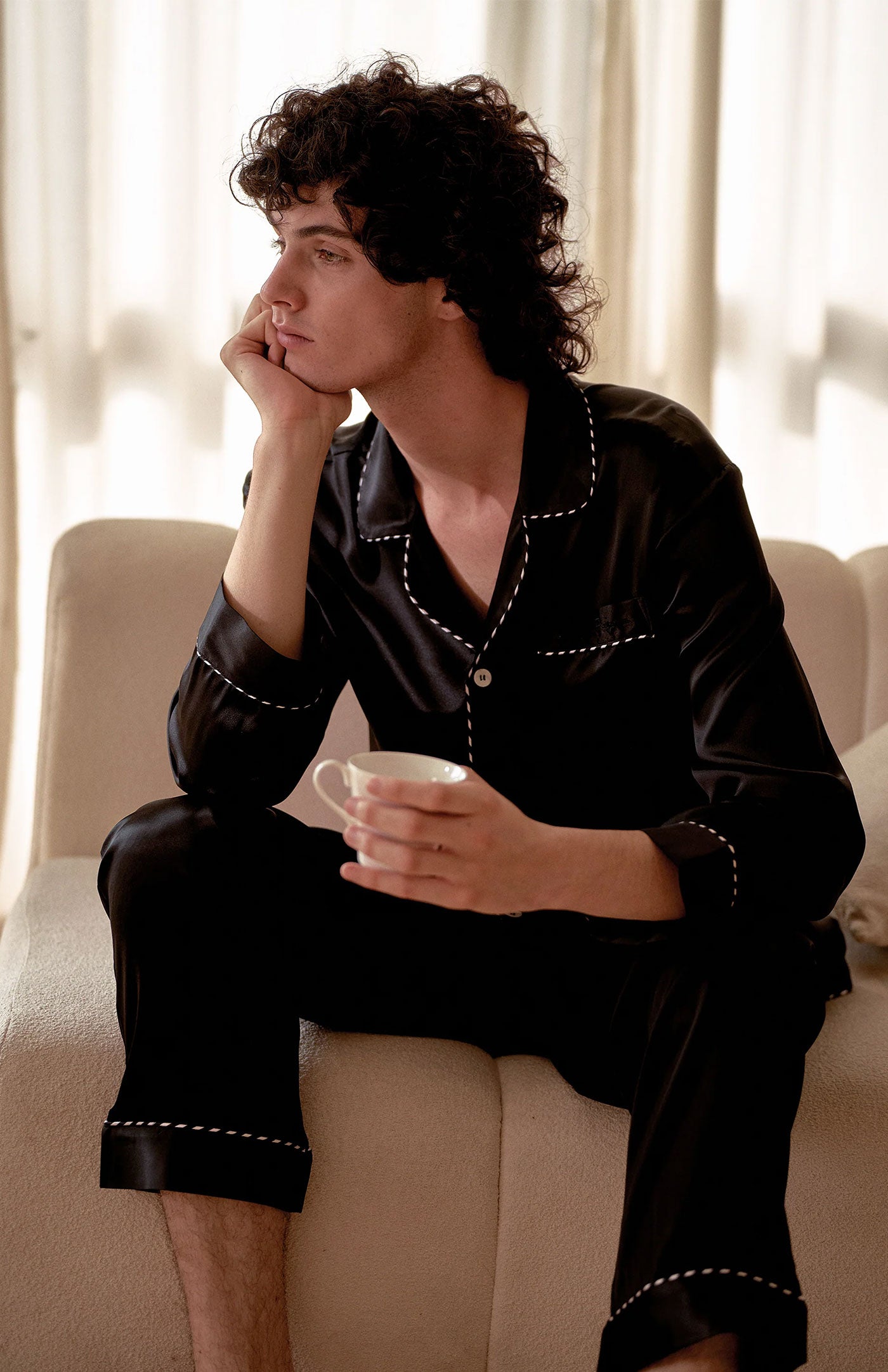 Black Silk Royale Midnight Black Satin Loungewear Set for Men | Luxeliv