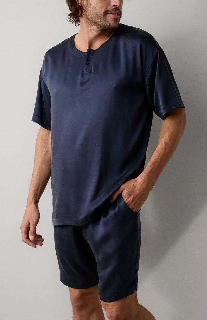 Midnight Drift | Navy Blue Satin Loungewear Shorts Set