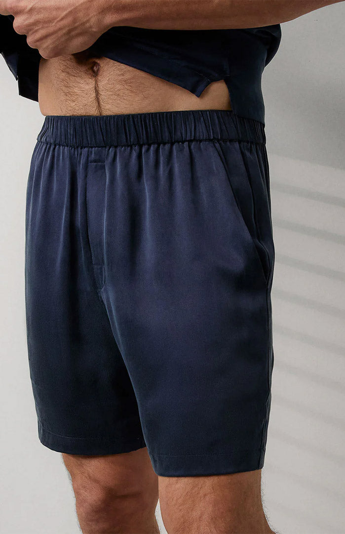 Midnight Tide | Navy Blue Satin Loungewear Shorts Set