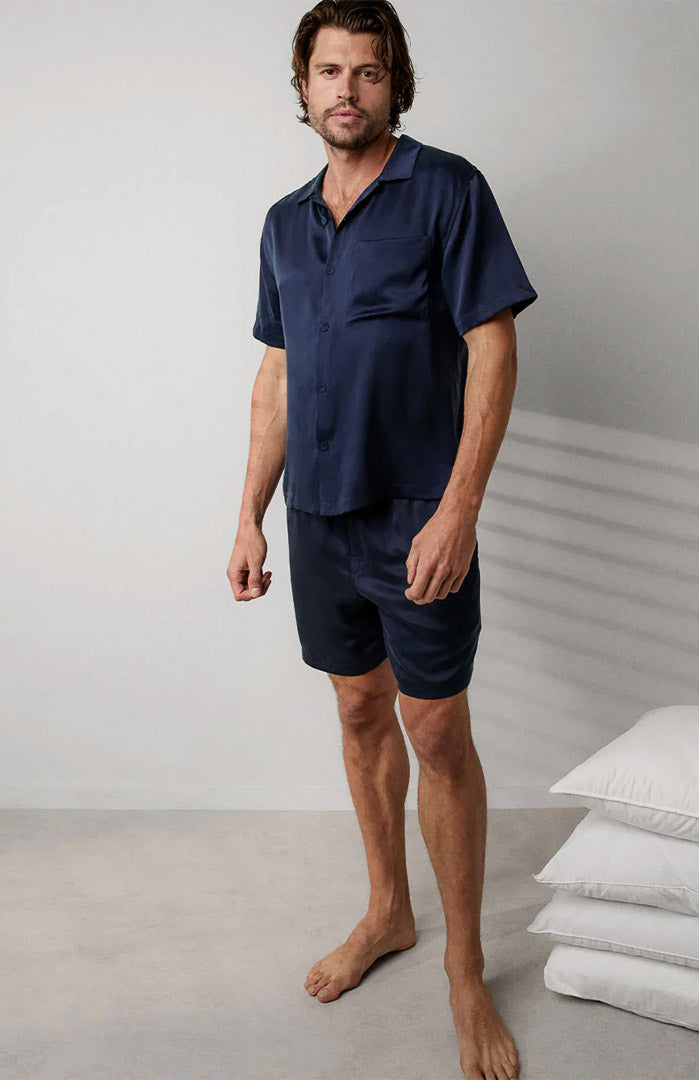 Midnight Tide | Navy Blue Satin Loungewear Shorts Set