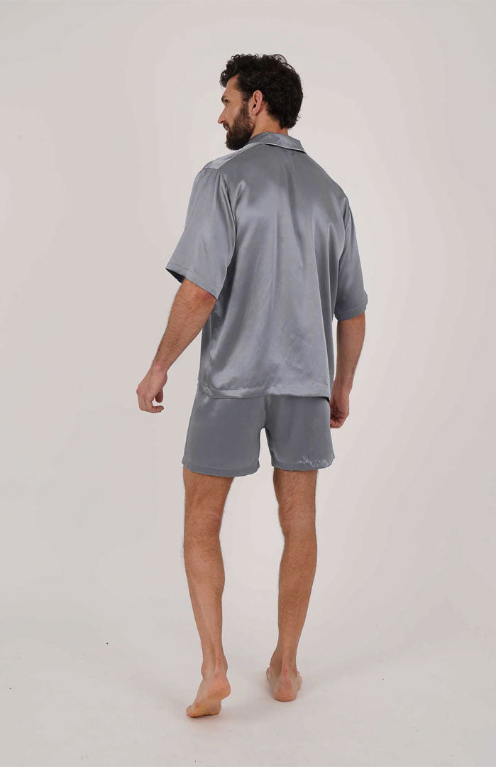 Silver Sultan Silky Satin Luxury Co-ord Set | Short Sleeve Shirt & Shorts