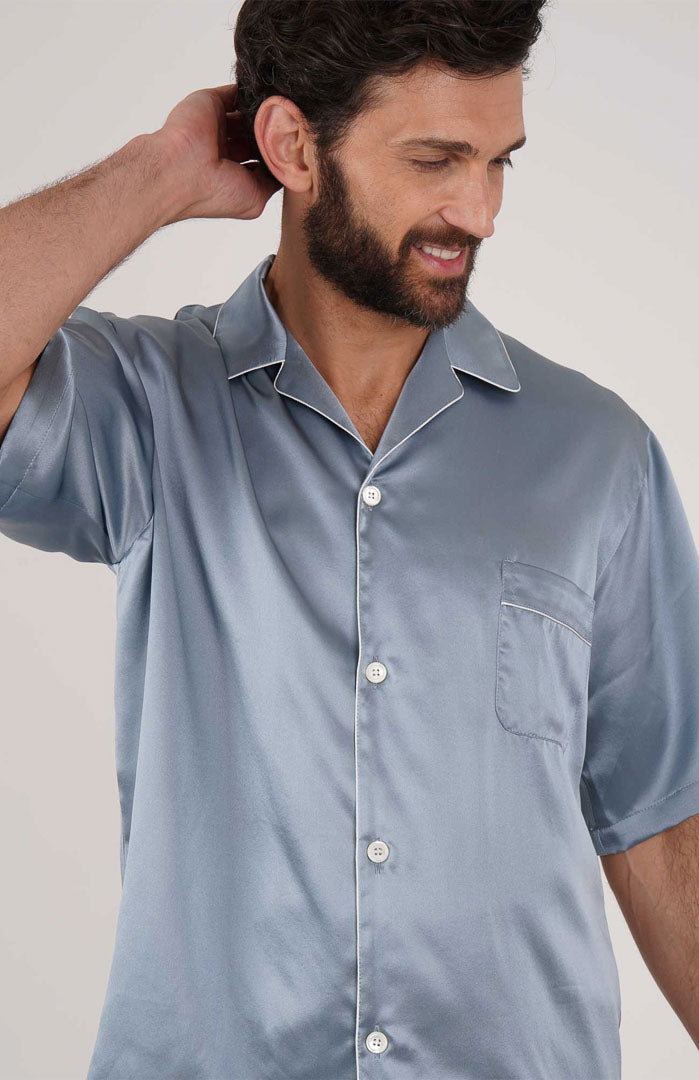 Heirloom Blue Silky Satin Luxury Co-ord Set | Short Sleeve Shirt & Shorts