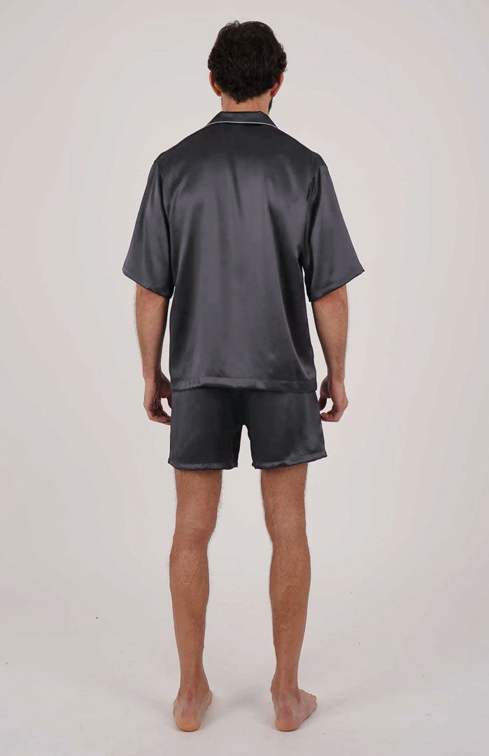 Charcoal Crown Silky Satin Luxury Co-ord Set | Short Sleeve Shirt & Shorts