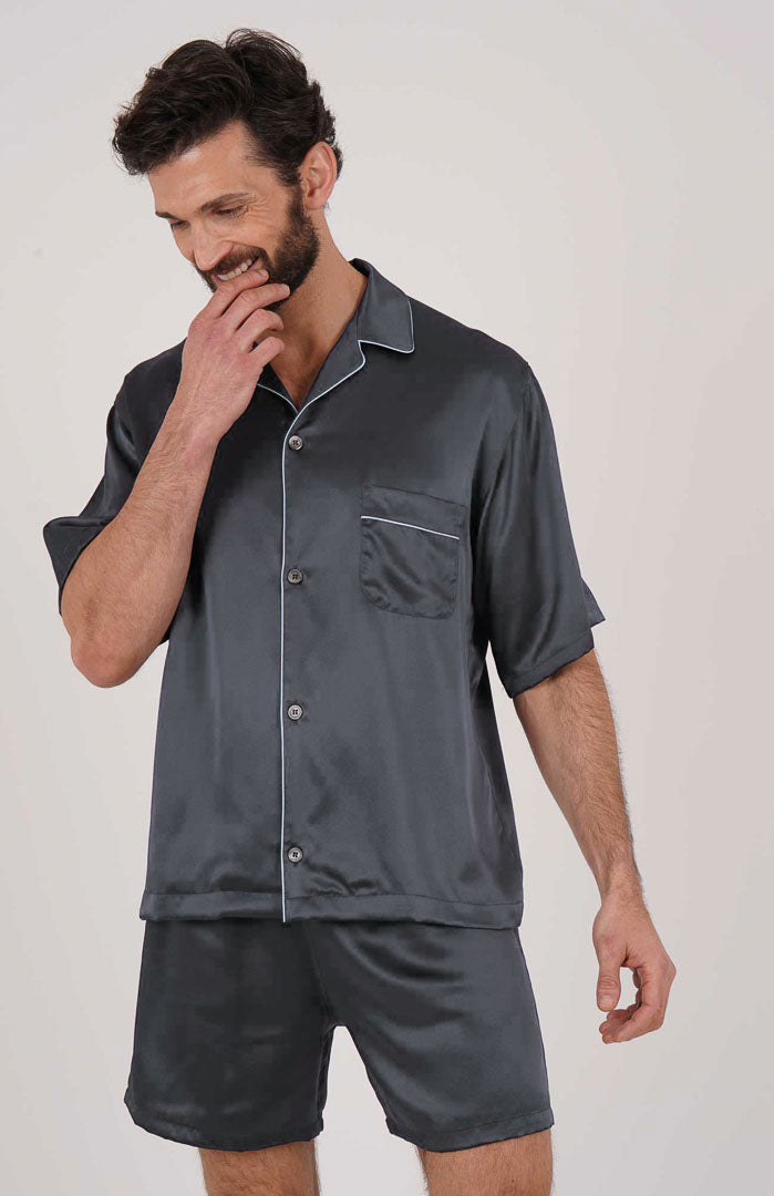 Charcoal Crown Silky Satin Luxury Co-ord Set | Short Sleeve Shirt & Shorts