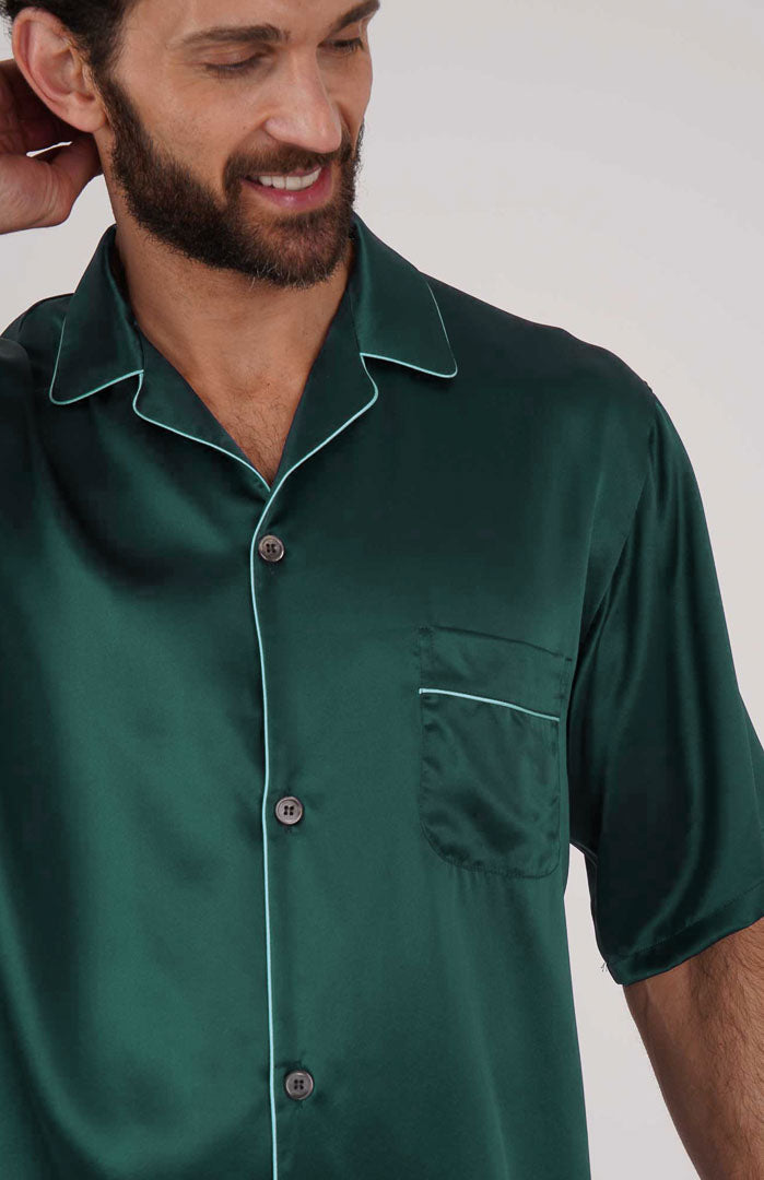Emerald King Silky Satin Luxury Co-ord Set | Short Sleeve Shirt & Shorts