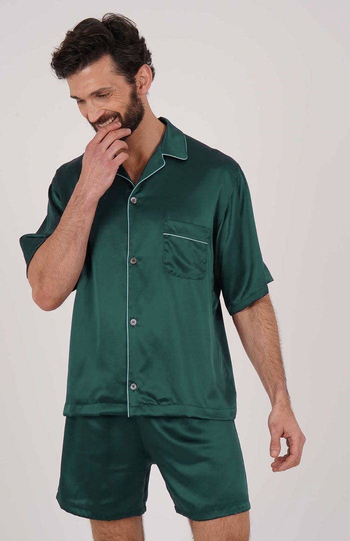Emerald King Silky Satin Luxury Co-ord Set | Short Sleeve Shirt & Shorts