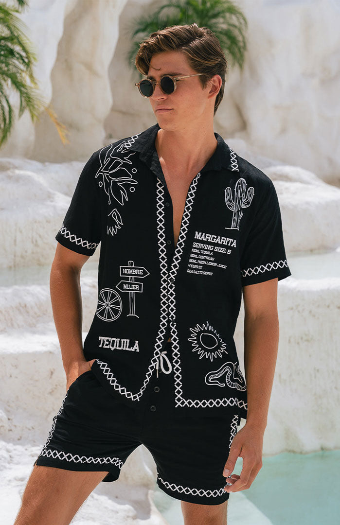 The Americana Amigo | Men’s Black Printed Resort Co-ord Set