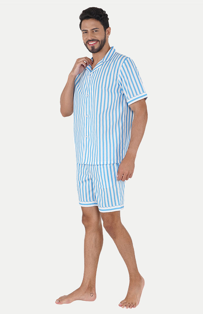 Luxeliv-mens-loungewear-AQUA-blue-striped-shirt--shorts-co-ord-set