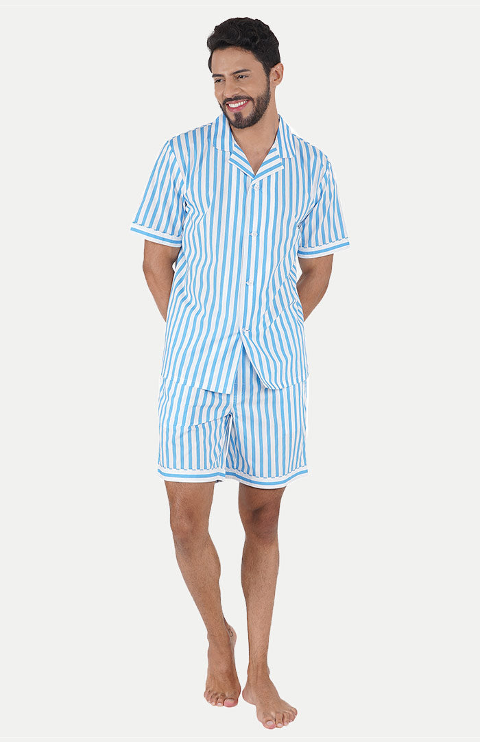Luxeliv-mens-loungewear-AQUA-blue-striped-shirt--shorts-co-ord-set