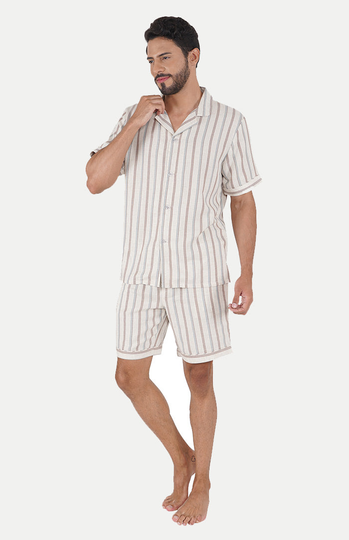 Luxeliv-mens-loungewear-Beige-striped-shirt--shorts-co-ord-set