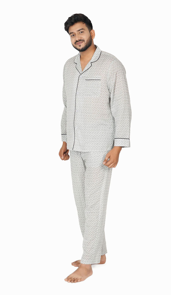 Luxeliv-mens-loungewear-Dandelion-print-green-Checkered-pyjama-set