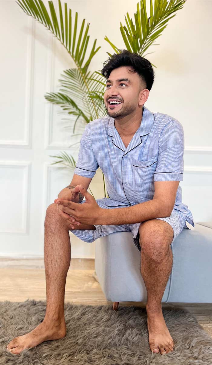 Luxeliv-mens-loungewear-Jodhpur-blue-striped-shirt-shorts-co-ord-set - cotton - summer collection