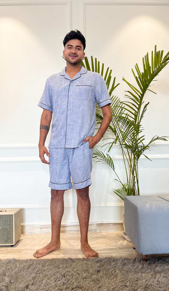 Luxeliv-mens-loungewear-Jodhpur-blue-striped-shirt-shorts-co-ord-set - cotton - summer collection