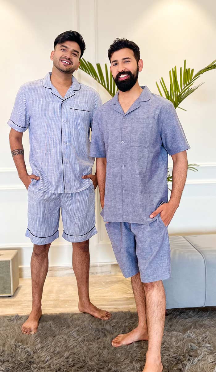 Luxeliv-mens-loungewear-Jodhpur-blue-striped-shirt-shorts-co-ord-set - cotton - summer collection