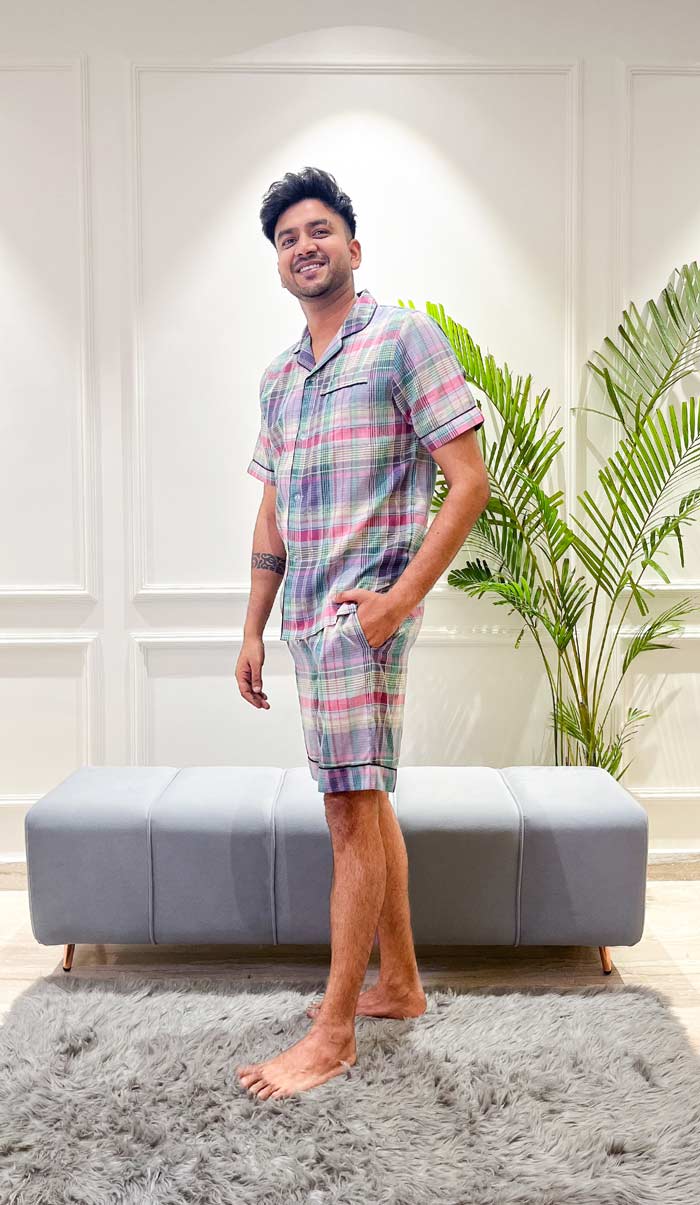 Luxeliv-mens-loungewear-Lavder-checks--chekered-co-ord-set