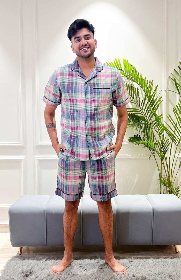 Lavender Checks | Purple Co-ord Set | Mens Shirt & shorts Set | Loungewear set
