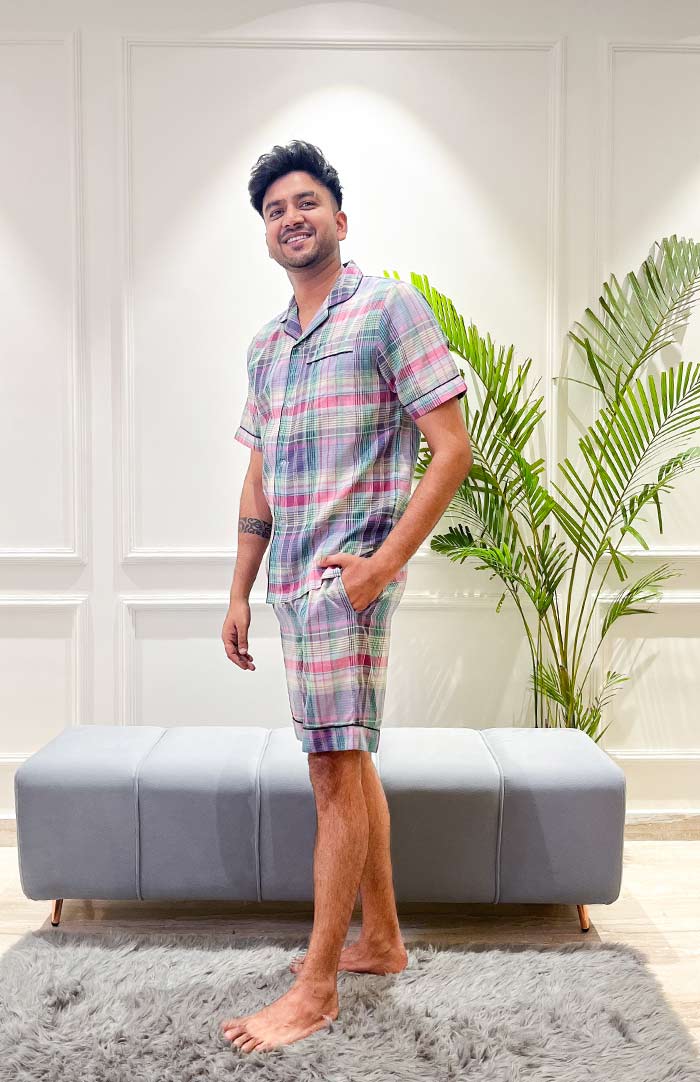 Lavender Checks | Purple Co-ord Set | Mens Shirt & shorts Set | Loungewear set