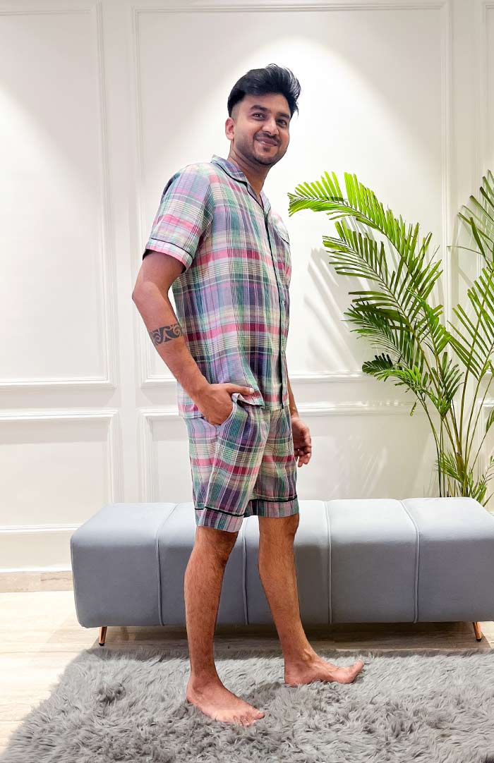 Lavender Checks | Purple Co-ord Set | Mens Shirt & shorts Set | Loungewear set