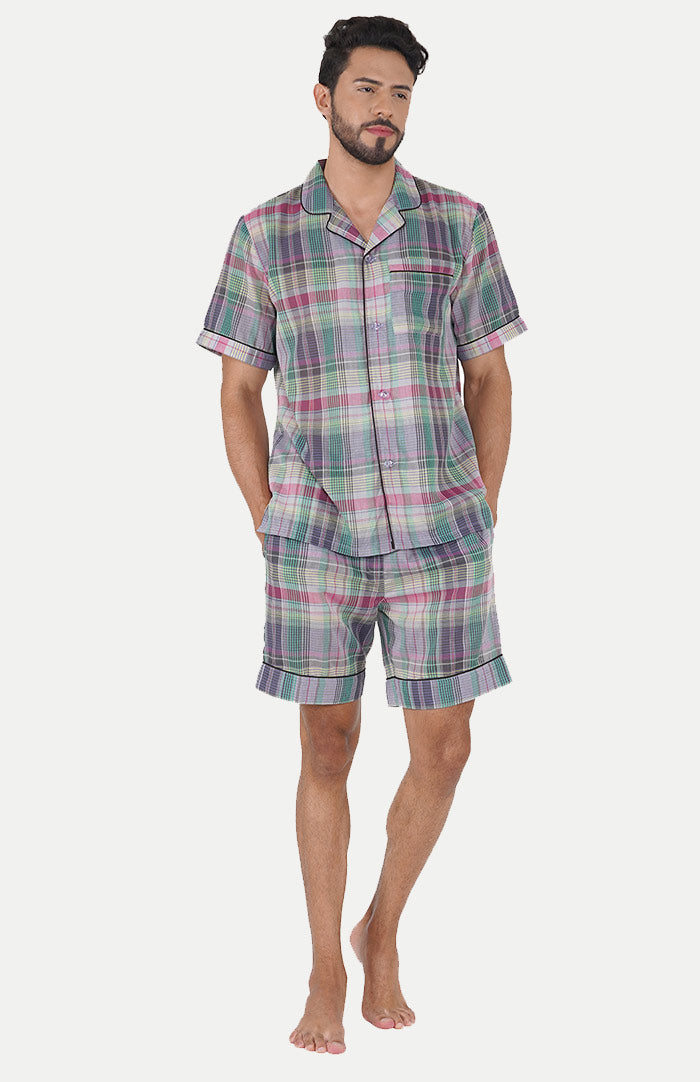 Luxeliv-mens-loungewear-Lavendar-_-green-checkered-shirt--shorts-co-ord-set