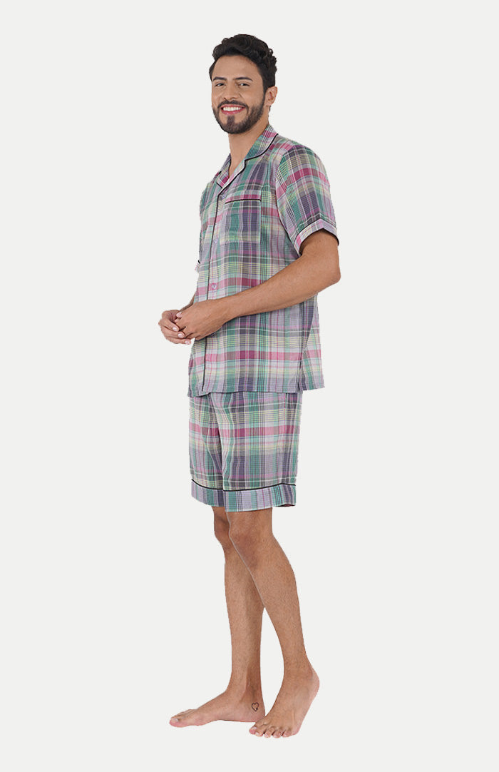 Luxeliv-mens-loungewear-Lavendar-_-green-checkered-shirt--shorts-co-ord-set