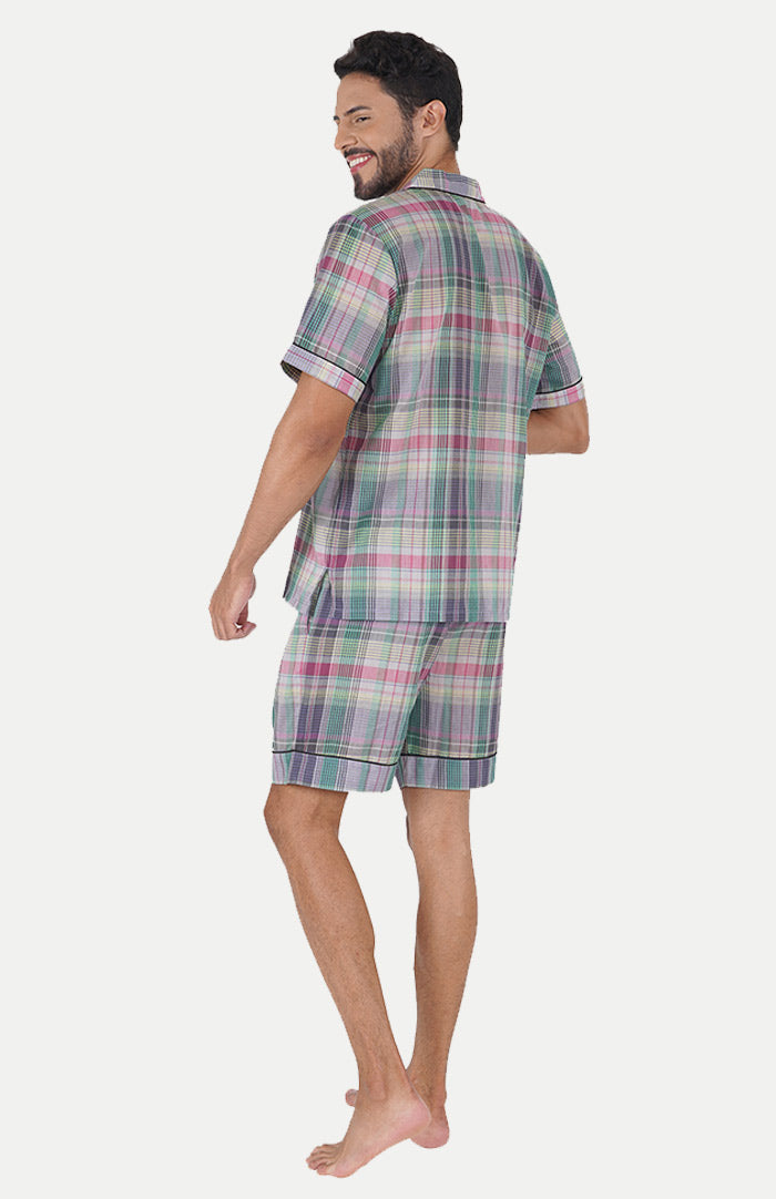 Luxeliv-mens-loungewear-Lavendar-_-green-checkered-shirt--shorts-co-ord-set