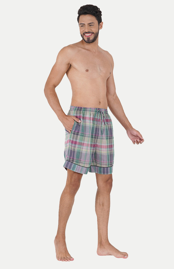 Luxeliv-mens-loungewear-Lavendar-_-green-checkered-shirt--shorts-co-ord-set