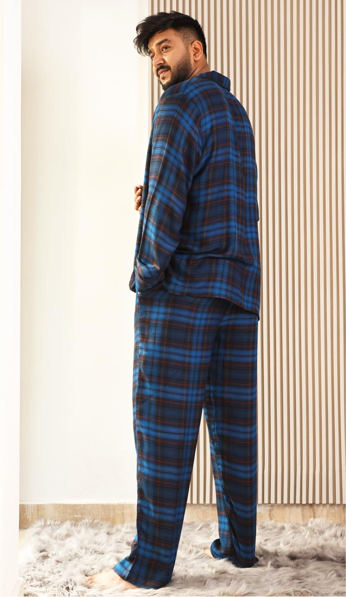 Luxeliv mens loungewear Set Blue Sapphire Checkered pyjama set