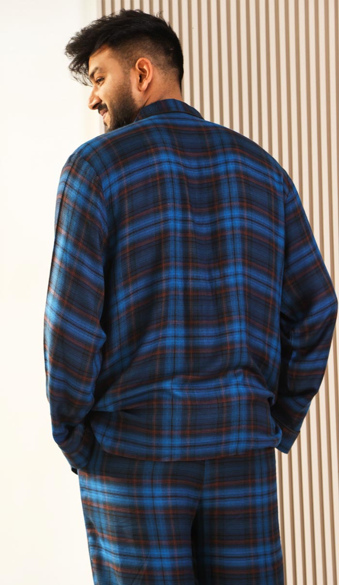 Luxeliv mens loungewear Set Blue Sapphire Checkered pyjama set
