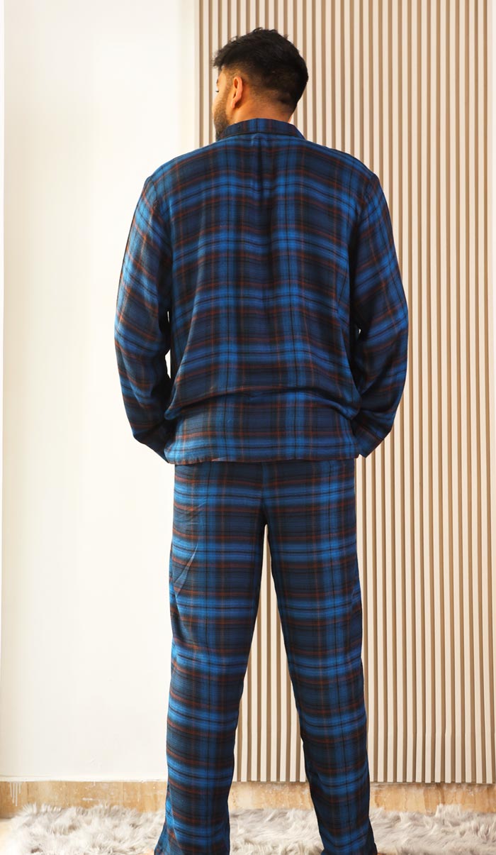 Luxeliv mens loungewear Set Blue Sapphire Checkered pyjama set