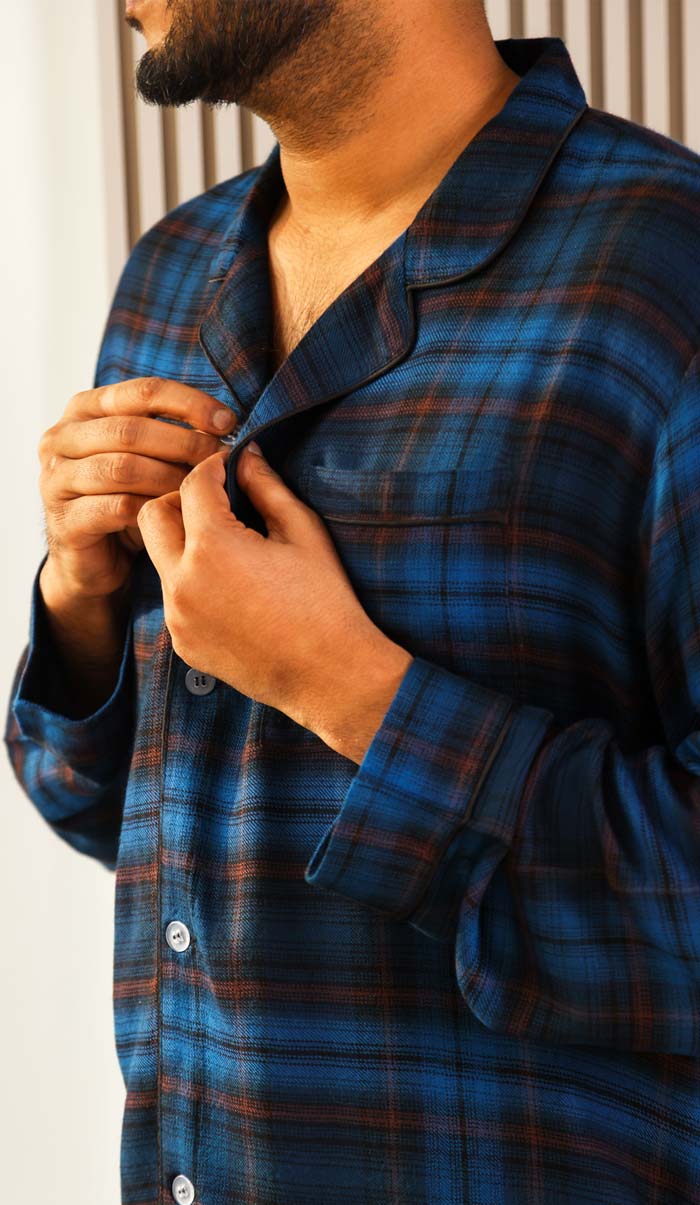 Luxeliv mens loungewear Set Blue Sapphire Checkered pyjama set