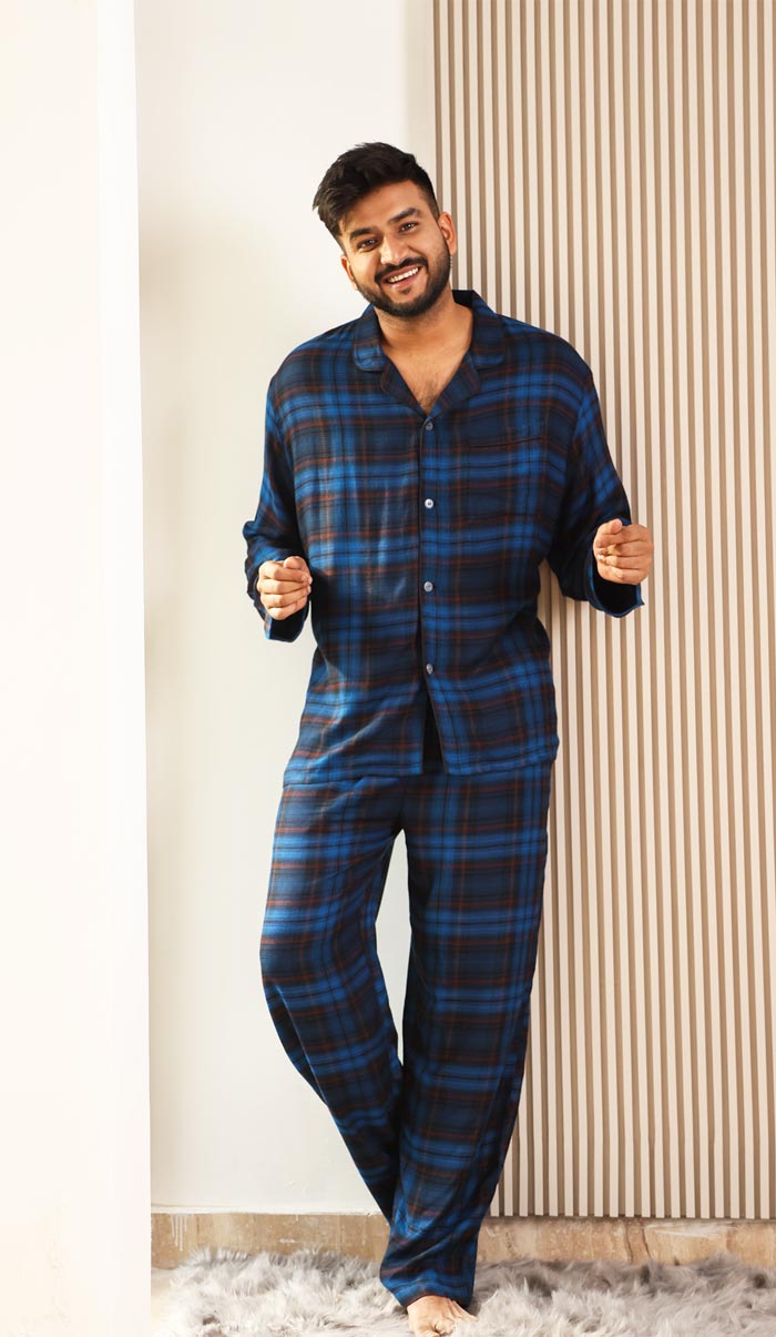 Luxeliv mens loungewear Set Blue Sapphire Checkered pyjama set