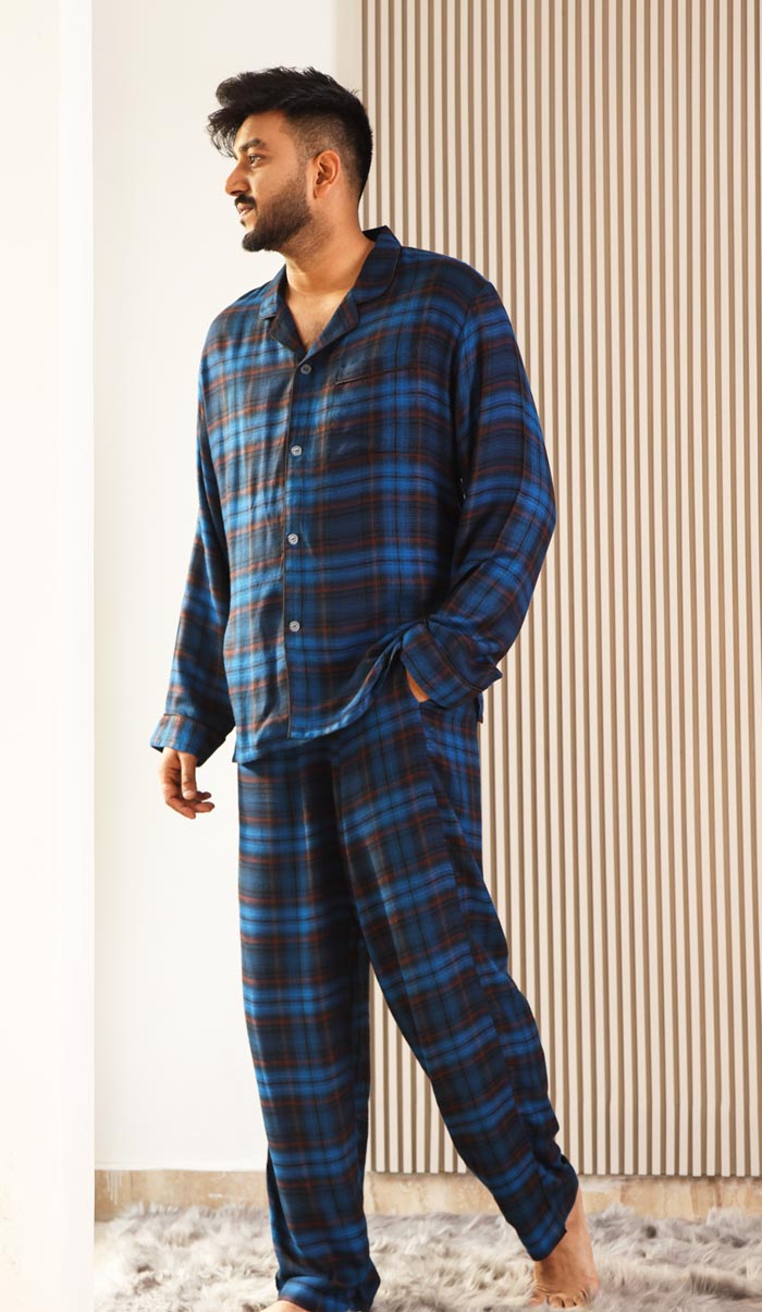Luxeliv mens loungewear Set Blue Sapphire Checkered pyjama set