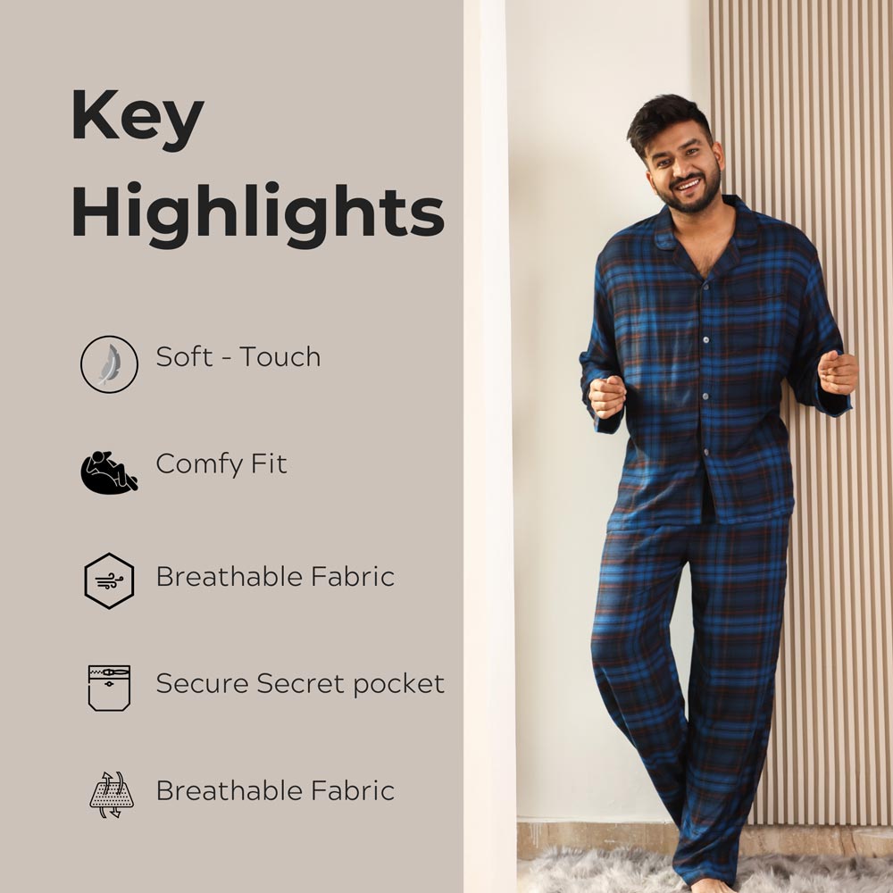 Luxeliv mens loungewear Set Blue Sapphire Checkered pyjama set