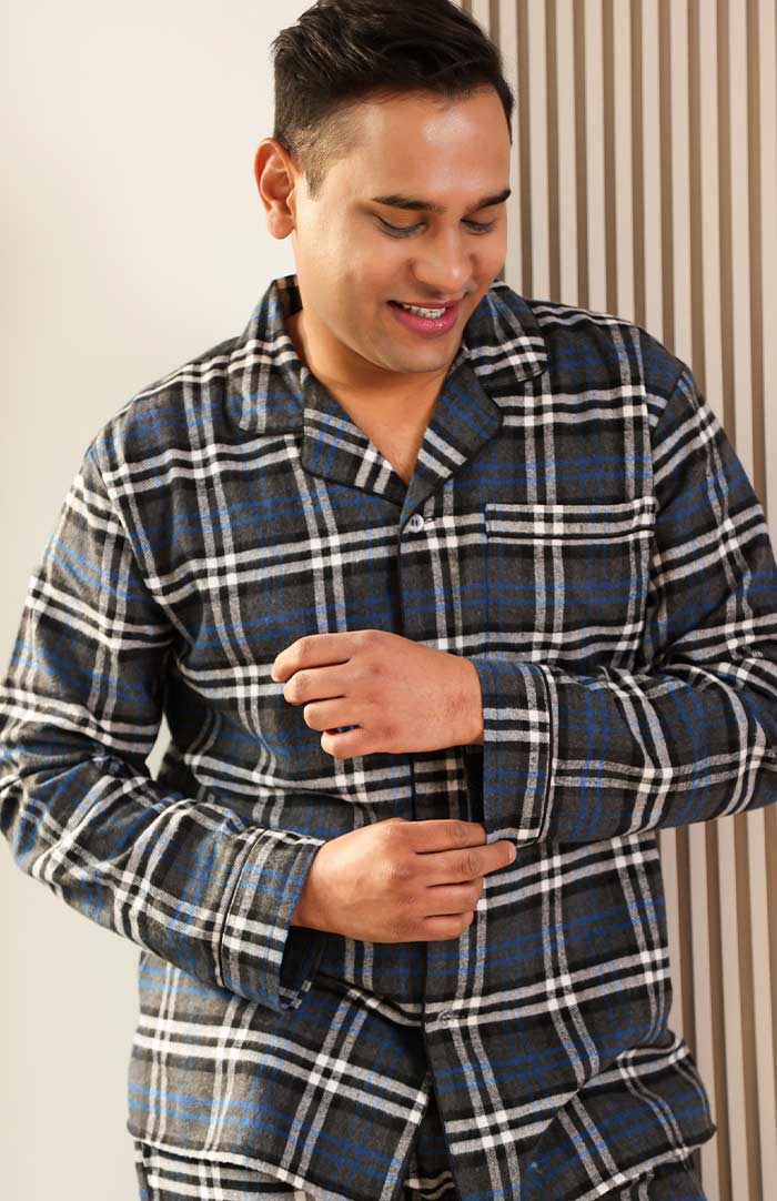 Cosy Grey Checkered Loungewear Set for Men | Luxeliv